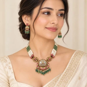 Antique Gold Pearl & Emerald Necklace Set Gallery View