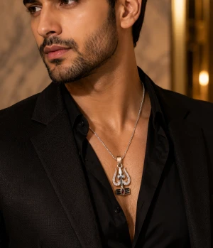 Gold Trishul Men’s Pendant with Red Stone & Black Enamel Gallery View