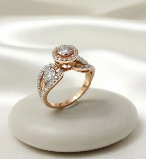 Rose Gold Diamond Halo & Leaf Cluster Ring Gallery View