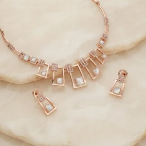 Rose Gold Geometric Mother-of-Pearl Necklace & Earring Set Main View