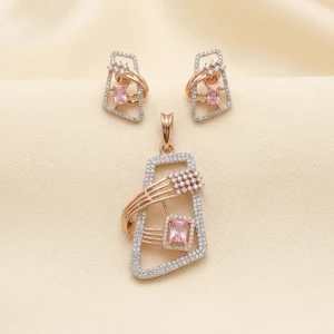 Rose Gold Pink Sapphire & Diamond Geometric Pendant & Earring Set Main View
