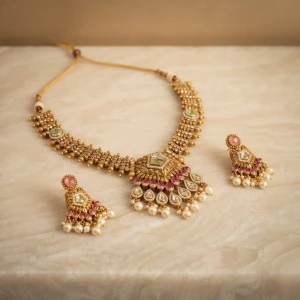 Antique Gold Kundan & Ruby Jewelry Set Gallery View