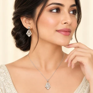 Silver Geometric Pavé Diamond Pendant & Earrings Set Gallery View