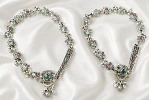 Antique Oxidised Silver Gemstone Payal Set Main View