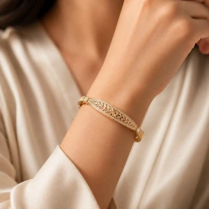 Elegant Floral Diamond-Accent Gold Bangle Gallery View
