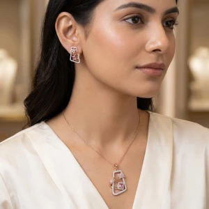 Rose Gold Pink Sapphire & Diamond Geometric Pendant & Earring Set Detail View 1