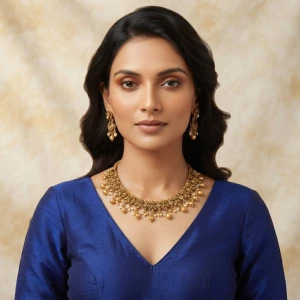 Traditional Gold Floral Filigree Choker Necklace Set with Drop Beads Gallery View