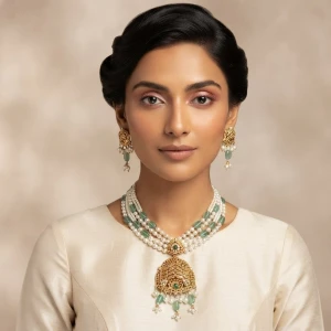 Traditional Gold Pearl and Mint Green Beaded Necklace Set Gallery View