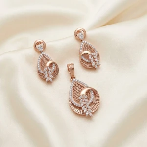 Elegant Rose Gold CZ Pendant Set with Leaf Motif Main View