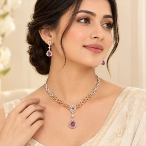 Gold and Ruby Drop Pendant Necklace Set Gallery View