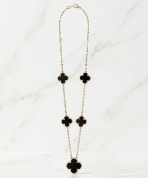 Gold Black Onyx Clover Motif Station Necklace Gallery View
