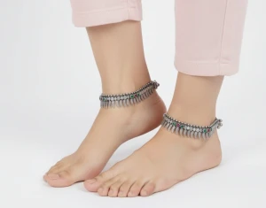 Antique Oxidized Silver Leaf & Gemstone Anklet Pair Gallery View
