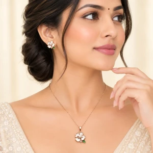 Silver Enamel White Blossom & Pearl Jewelry Set Gallery View