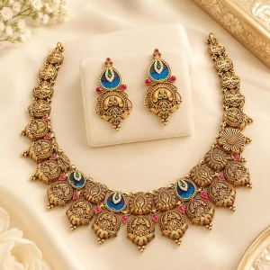 Antique Gold Blue Meenakari Necklace Set Gallery View