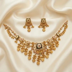 Traditional Meenakari Antique Gold Choker Set with Gemstone Drops Main View
