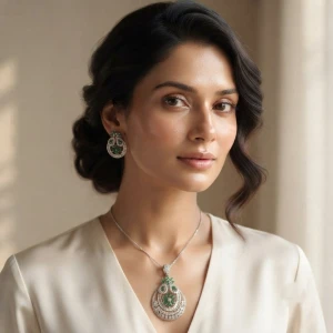 Emerald Floral Diamond Pendant and Earrings Set Gallery View