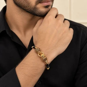 Majestic Dual Lion Head Gold-Finished Men's Bracelet Gallery View