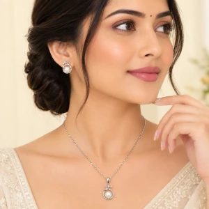Silver Pearl & Pave Leaf Pendant & Earrings Set Gallery View