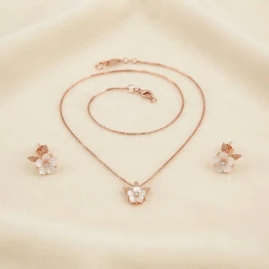 Rose Gold Floral Silver Pendant and Earring Set Gallery View