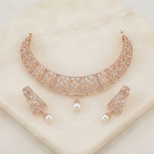 Rose Gold Filigree Pearl Necklace & Earring Set Gallery View