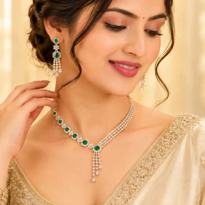 Diamond Women’s Emerald Green Half Set Necklace & Earrings Gallery View
