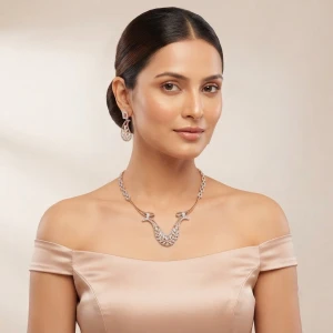 Elegant Gold and Diamond Leaf Necklace Set Gallery View