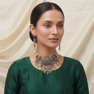 Oxidized Silver Pink & Green Stone Choker Set with Pearl Strands Gallery View