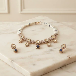 Elegant Kundan & Pearl Choker Necklace Set with Blue Accent Stones Gallery View