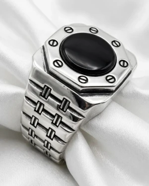 Bold Screw-Accent Black Stone Men's Ring Gallery View