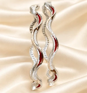 Ruby-Accented Silver Wave Bangles Gallery View