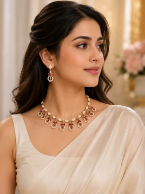 Gold Women’s Pearl & Red Stone Traditional Half Set Gallery View