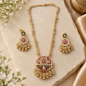 Royal Kundan & Ruby Pendant Necklace Set with Matching Drop Earrings Main View