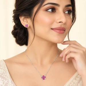 Silver Magenta Crystal Cluster Jewelry Set Gallery View