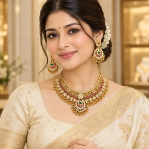 Royal Grandeur Antique Gold Polki Choker Necklace Set Gallery View