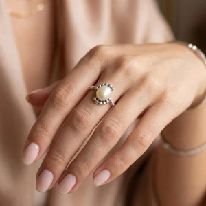 Beaded Pearl Silver Ring Gallery View