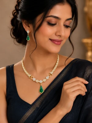 Gold Diamond Green Emerald Women’s Half Set – Necklace & Earrings Gallery View