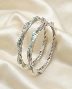 Turquoise-Accented Silver Bangles Main View