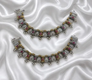 Antique Dual-Tone Silver Drum Motifs Payal Set Main View