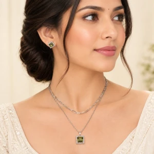 Silver Olive Green Crystal Square Pendant & Earrings Set Gallery View
