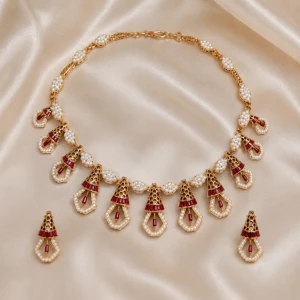 Gold Women’s Pearl & Red Stone Traditional Half Set Main View