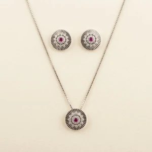 Silver Ruby & CZ Sunburst Jewelry Set Main View