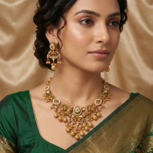 Antique Gold Peacock Choker Set with Meenakari & Gemstone Drops Detail View 1