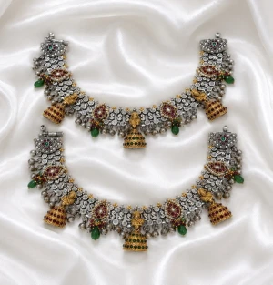 Antique Oxidised Silver Lakshmi Jhumka Payal Set Main View