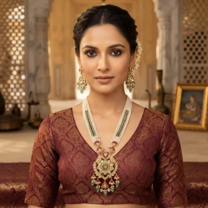 Royal Polki & Pearl Long Necklace Set Gallery View