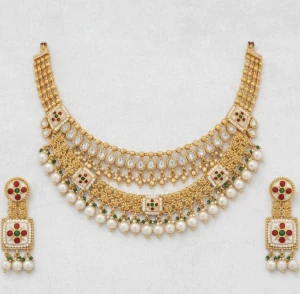 Traditional Gold Meenakari and Pearl Necklace Set Gallery View
