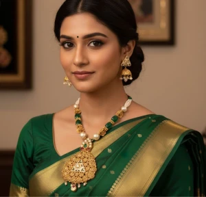 Traditional Gold Temple Pendant Necklace and Jhumka Set Main View