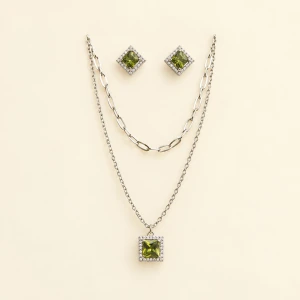 Silver Olive Green Crystal Square Pendant & Earrings Set Main View