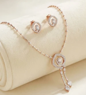Exquisite Rose Gold Diamond Geometric Necklace and Earring Set Main View
