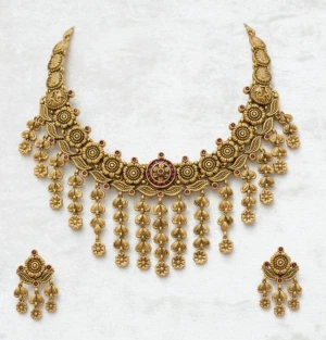 Antique Gold Temple Floral Necklace Set Gallery View
