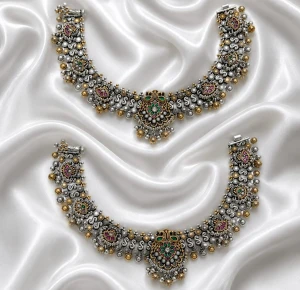Antique Peacock Oxidised Silver Payal Set Main View